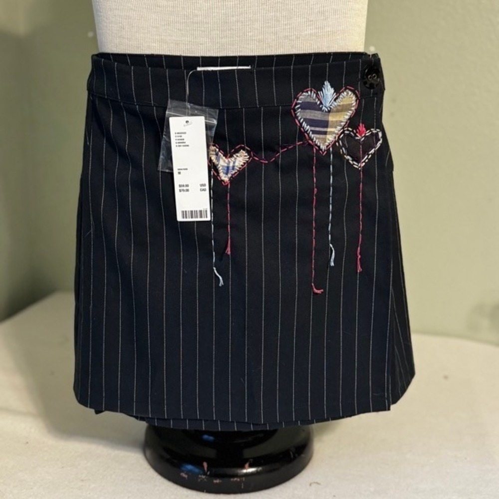 Upcycled Urban Outfitters Pinstripe Embroidery Wrap Mini Skirt Navy Women M NWT